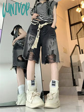 Lunivop Women’s Vintage Gradient Damaged Tassel Denim Shorts Unique Design A-Line Wide Leg Summer